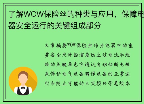 了解WOW保险丝的种类与应用，保障电器安全运行的关键组成部分