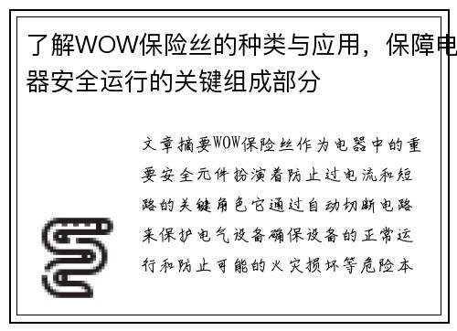 了解WOW保险丝的种类与应用，保障电器安全运行的关键组成部分